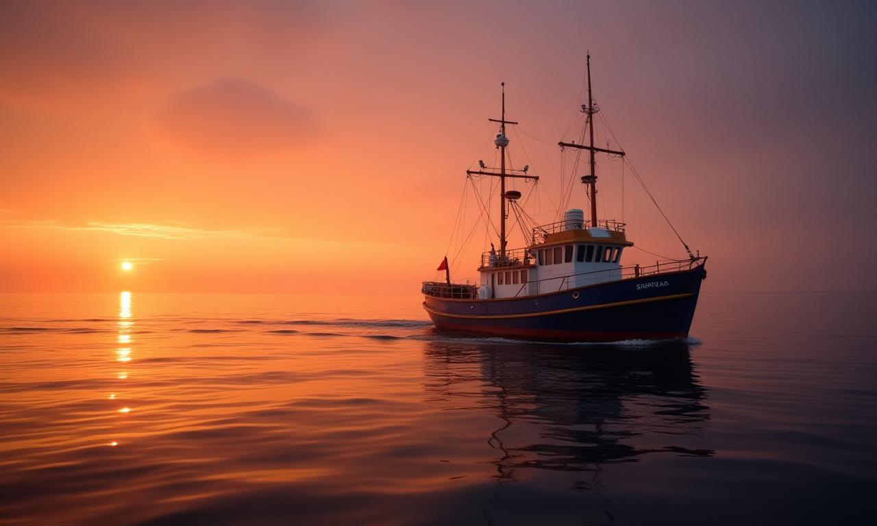 En bæredygtig fiskerbåd i de danske farvande ved solopgang